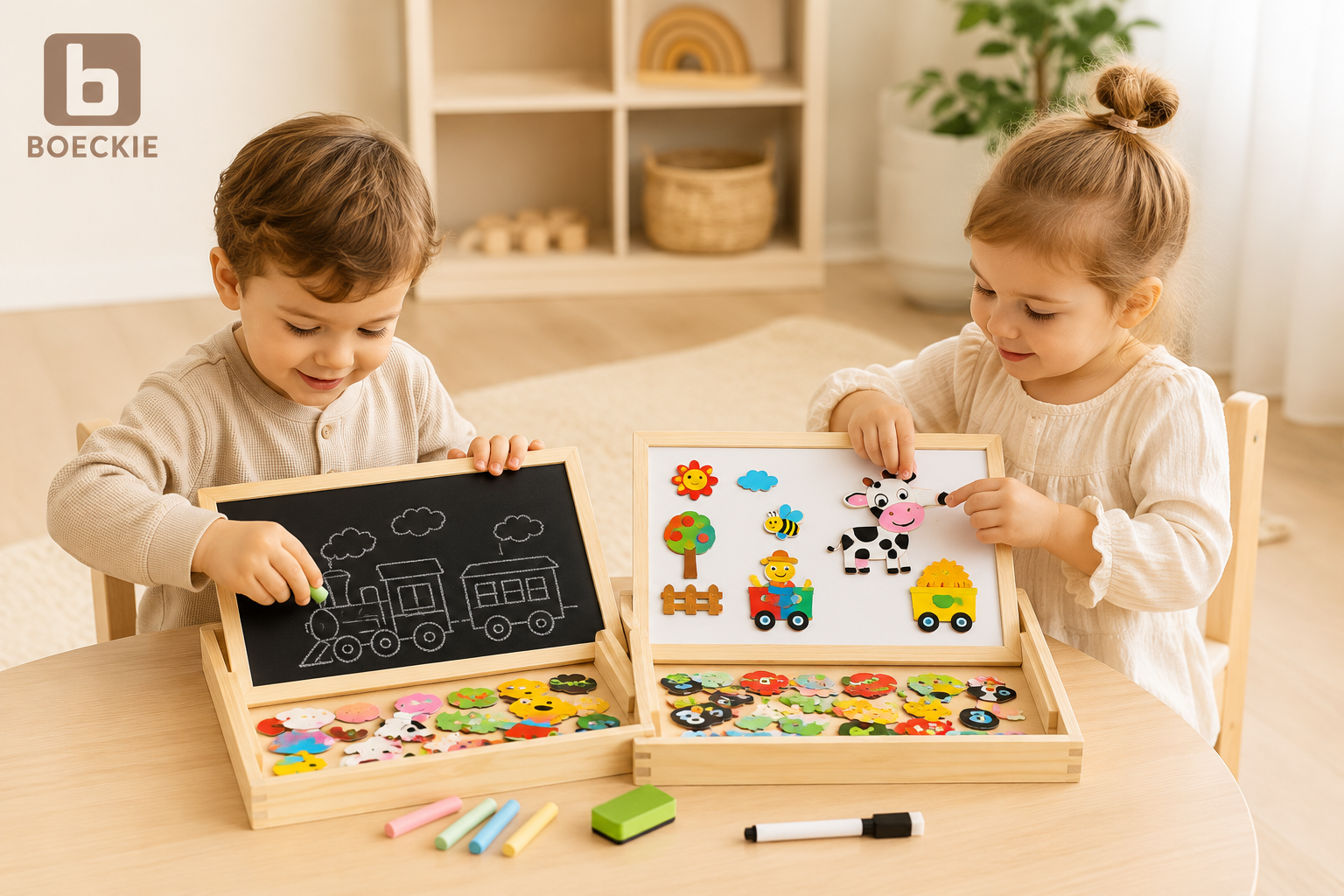 Twee kinderen aan tafel met magnetische tekentafel