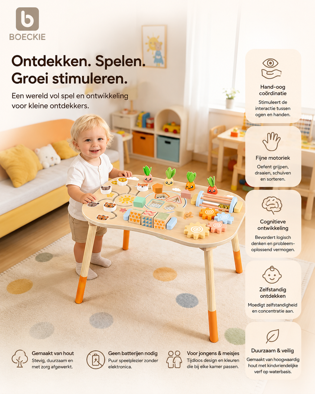 Boeckie Montessori Activiteitentafel Hout – Educatief Speelgoed vanaf 1 Jaar