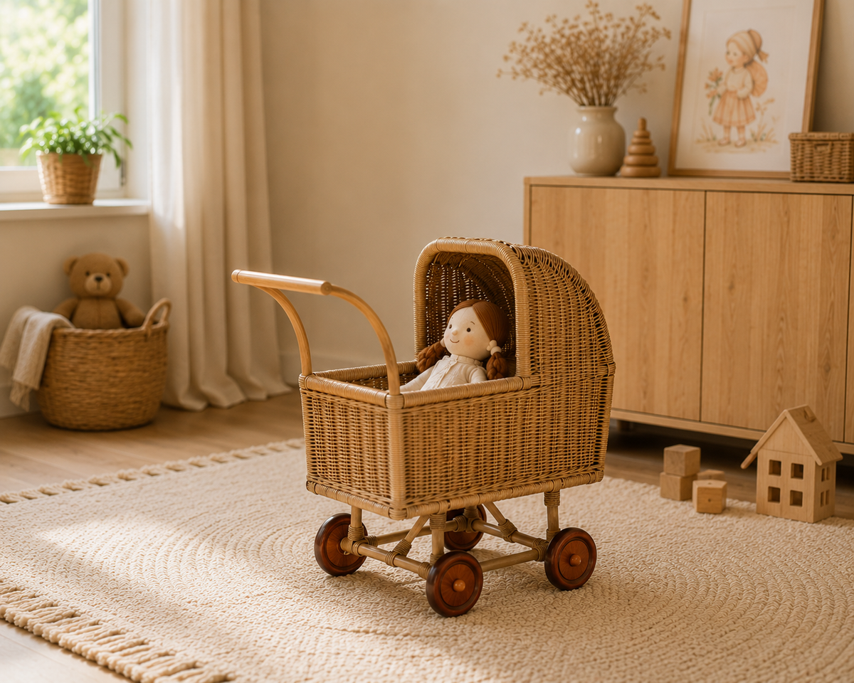 BOECKIE Retro Poppenwagen Lichtbruin – Rotan & Hout – Vintage Poppenwagen – 70 x 34 x 67 cm