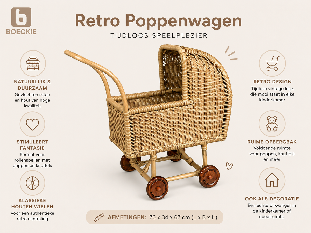 BOECKIE Retro Poppenwagen Lichtbruin – Rotan & Hout – Vintage Poppenwagen – 70 x 34 x 67 cm