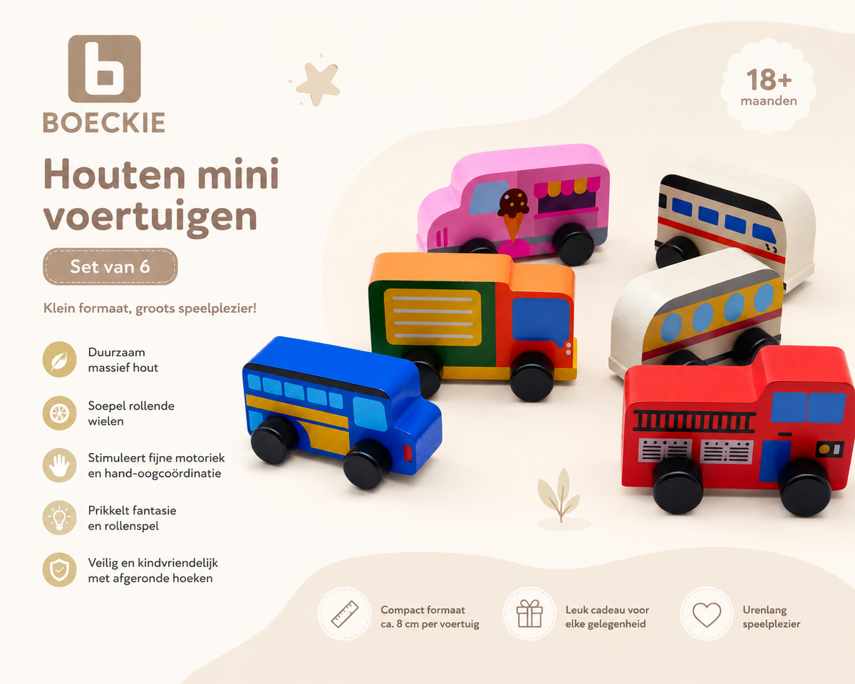BOECKIE Houten Voertuigenset – 6 Houten Auto’s – 8 cm – Vanaf 18 Maanden