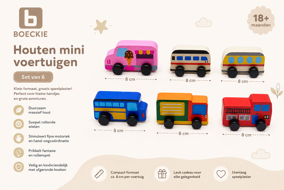 BOECKIE Houten Voertuigenset – 6 Houten Auto’s – 8 cm – Vanaf 18 Maanden