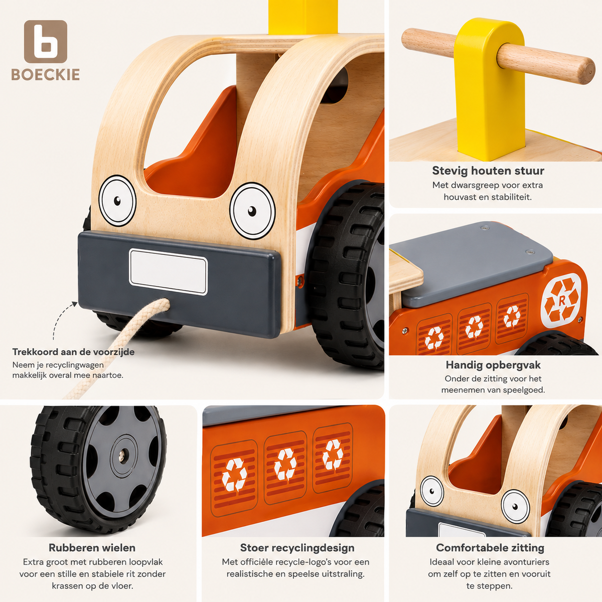 BOECKIE Houten Loopauto Recyclingwagen – Houten Loopwagen met Rubberen Wielen – Vanaf 18 Maanden – 48 cm