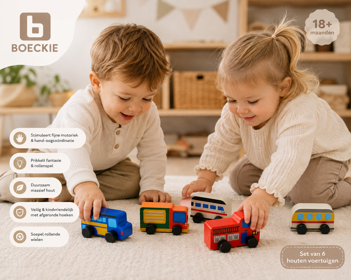 BOECKIE Houten Voertuigenset – 6 Houten Auto’s – 8 cm – Vanaf 18 Maanden