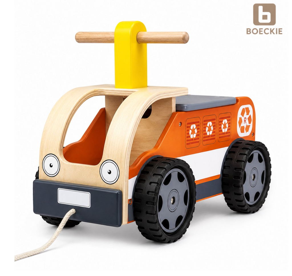 BOECKIE Houten Loopauto Recyclingwagen – Houten Loopwagen met Rubberen Wielen – Vanaf 18 Maanden – 48 cm