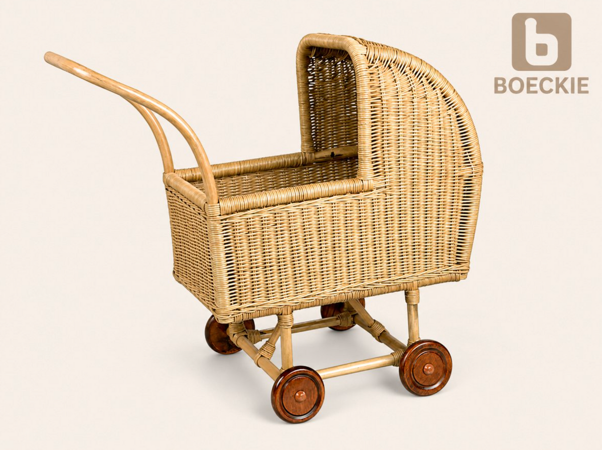 BOECKIE Retro Poppenwagen Lichtbruin – Rotan & Hout – Vintage Poppenwagen – 70 x 34 x 67 cm