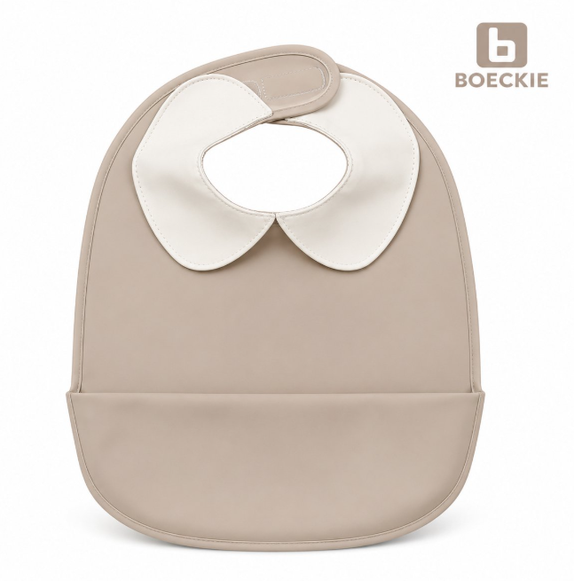 BOECKIE Siliconen Slabbetje Beige – Baby Slab met Opvangbak – BPA-vrij – Waterdicht – Verstelbaar – Vanaf 6 Maanden