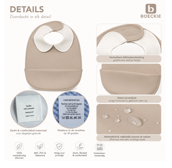 BOECKIE Siliconen Slabbetje Beige – Baby Slab met Opvangbak – BPA-vrij – Waterdicht – Verstelbaar – Vanaf 6 Maanden
