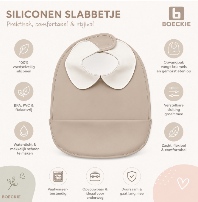 BOECKIE Siliconen Slabbetje Beige – Baby Slab met Opvangbak – BPA-vrij – Waterdicht – Verstelbaar – Vanaf 6 Maanden
