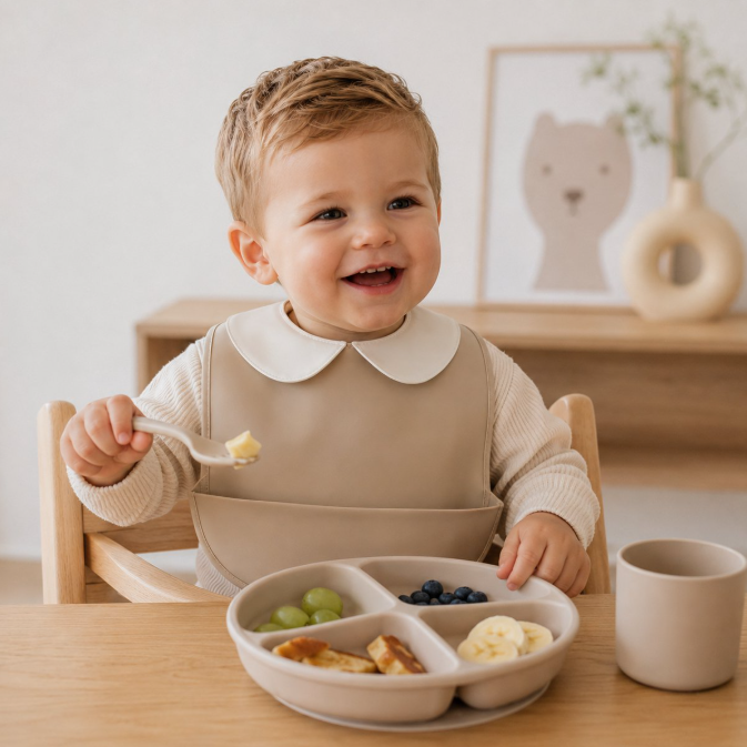 BOECKIE Siliconen Slabbetje Beige – Baby Slab met Opvangbak – BPA-vrij – Waterdicht – Verstelbaar – Vanaf 6 Maanden