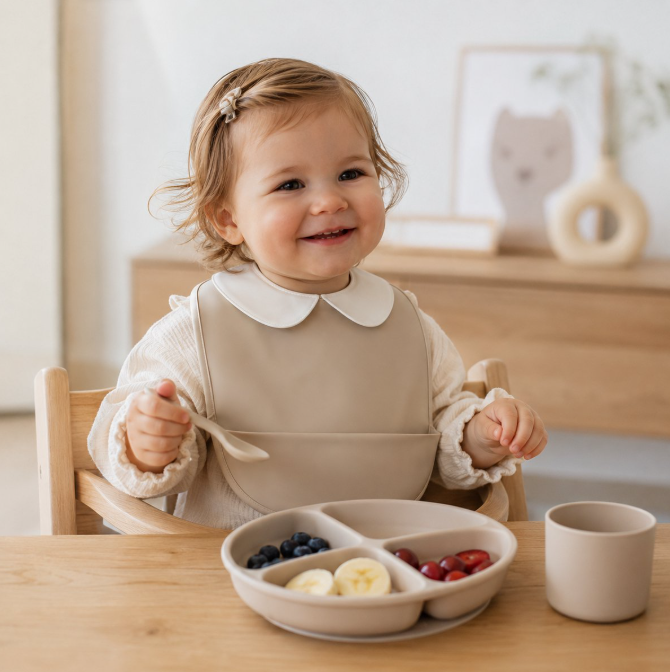 BOECKIE Siliconen Slabbetje Beige – Baby Slab met Opvangbak – BPA-vrij – Waterdicht – Verstelbaar – Vanaf 6 Maanden