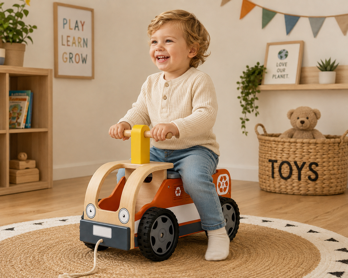 BOECKIE Houten Loopauto Recyclingwagen – Houten Loopwagen met Rubberen Wielen – Vanaf 18 Maanden – 48 cm