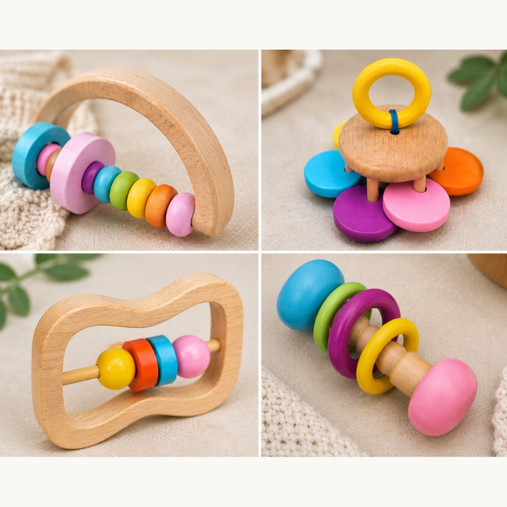 Detailfoto's houten rammelaars