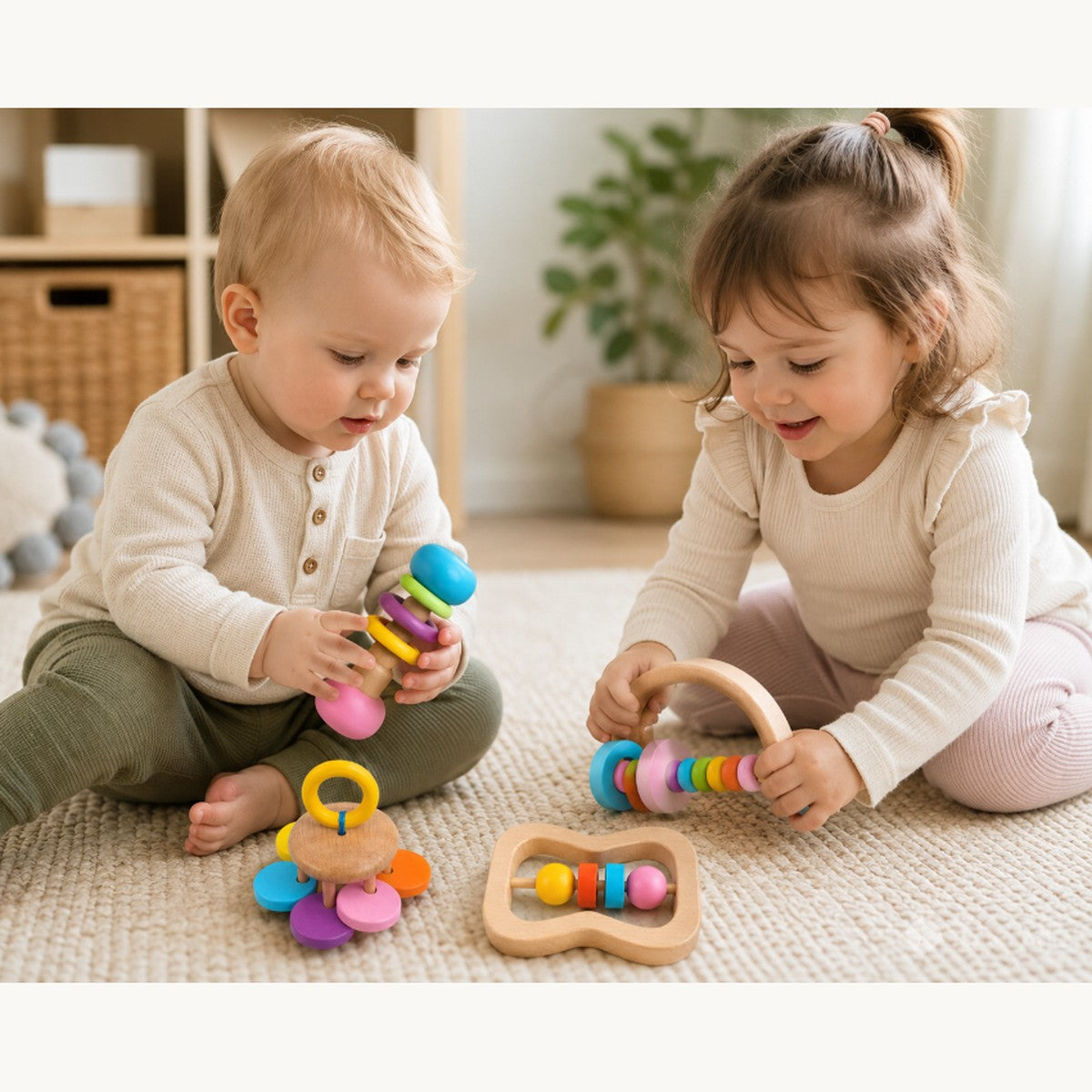 Kinderen spelen met houten babyspeelgoed