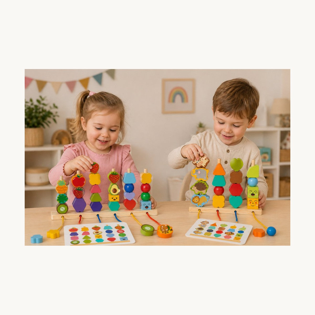 Kinderen spelen met houten sorteerspel