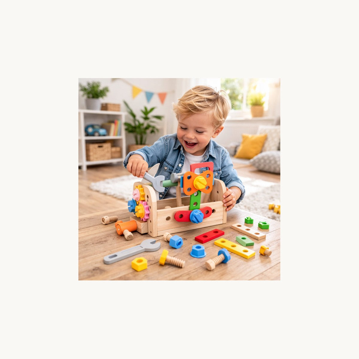 Kind speelt met houten gereedschapskoffer