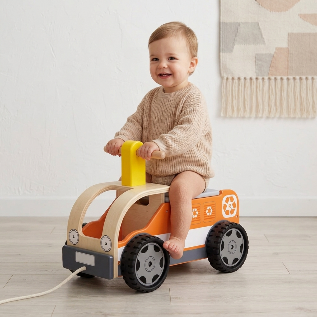 BOECKIE Houten Loopauto Recyclingwagen – Houten Loopwagen met Rubberen Wielen – Vanaf 18 Maanden – 48 cm