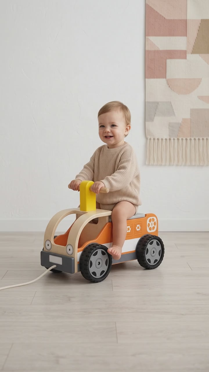 BOECKIE Houten Loopauto Recyclingwagen – Houten Loopwagen met Rubberen Wielen – Vanaf 18 Maanden – 48 cm