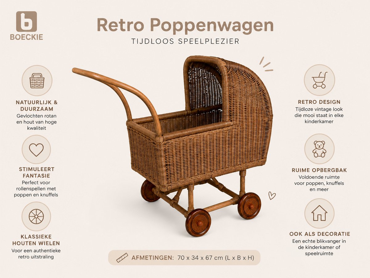 BOECKIE Retro Poppenwagen Donkerbruin – Rotan & Hout – 70 × 34 × 67 cm