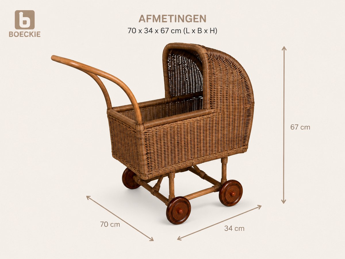 BOECKIE Retro Poppenwagen Donkerbruin – Rotan & Hout – 70 × 34 × 67 cm