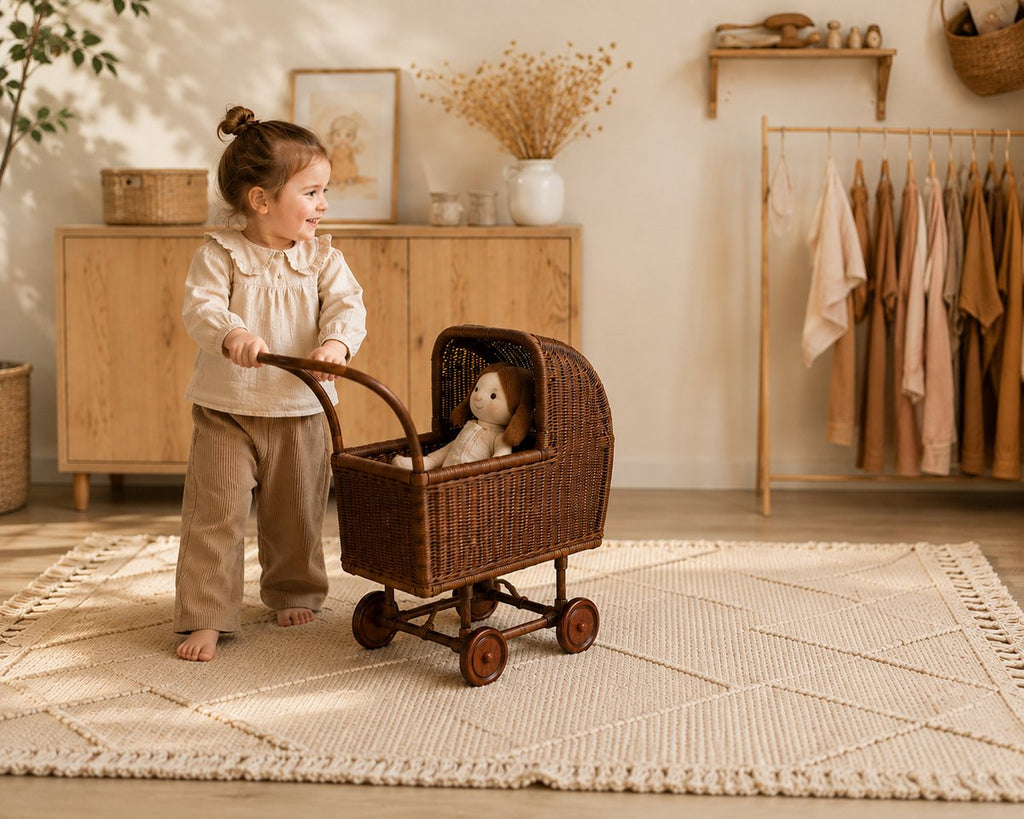 BOECKIE Retro Poppenwagen Donkerbruin – Rotan & Hout – 70 × 34 × 67 cm