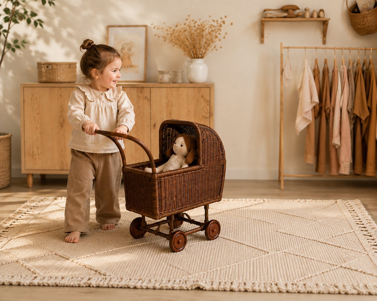 BOECKIE Retro Poppenwagen Donkerbruin – Rotan & Hout – 70 × 34 × 67 cm