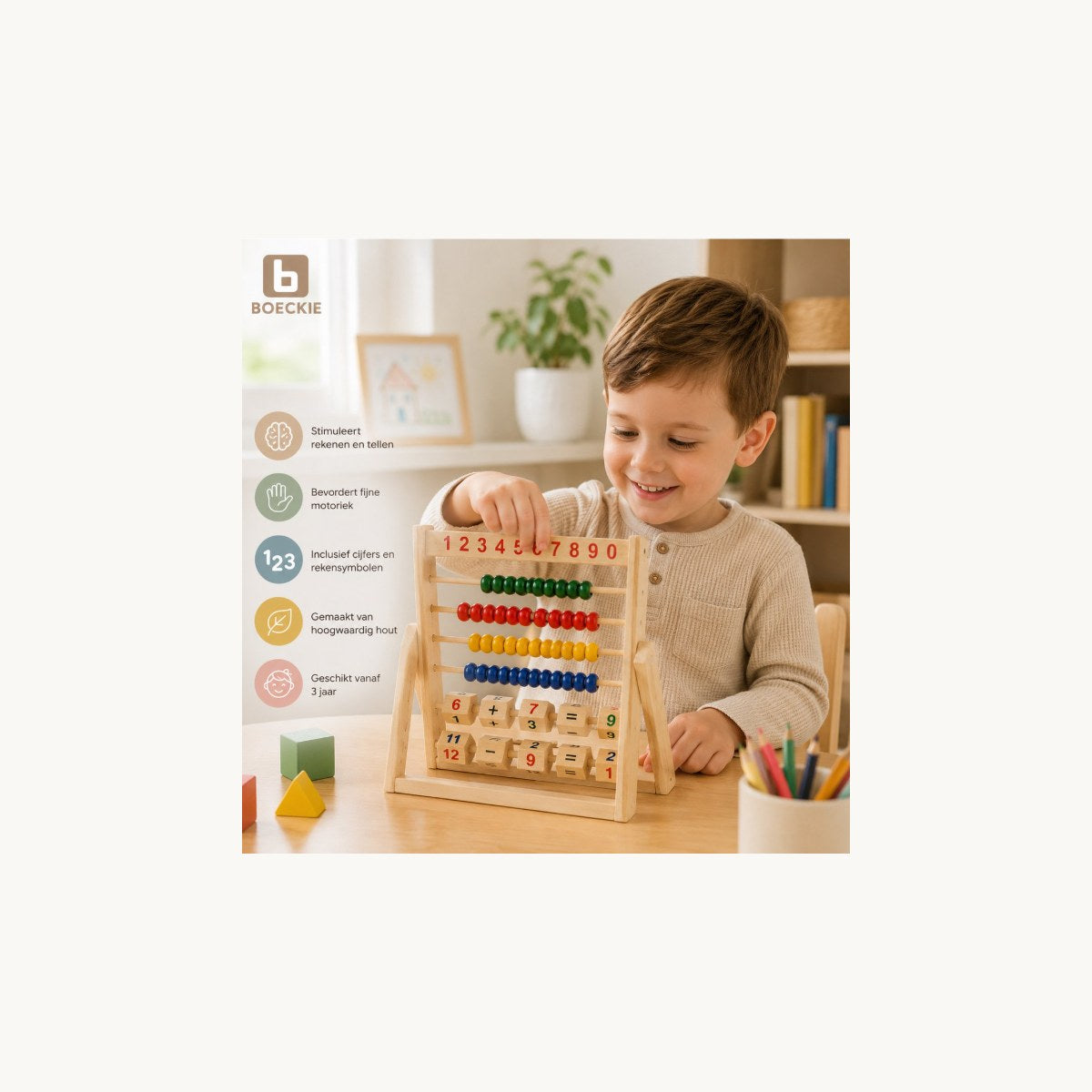 Kind speelt met houten telraam