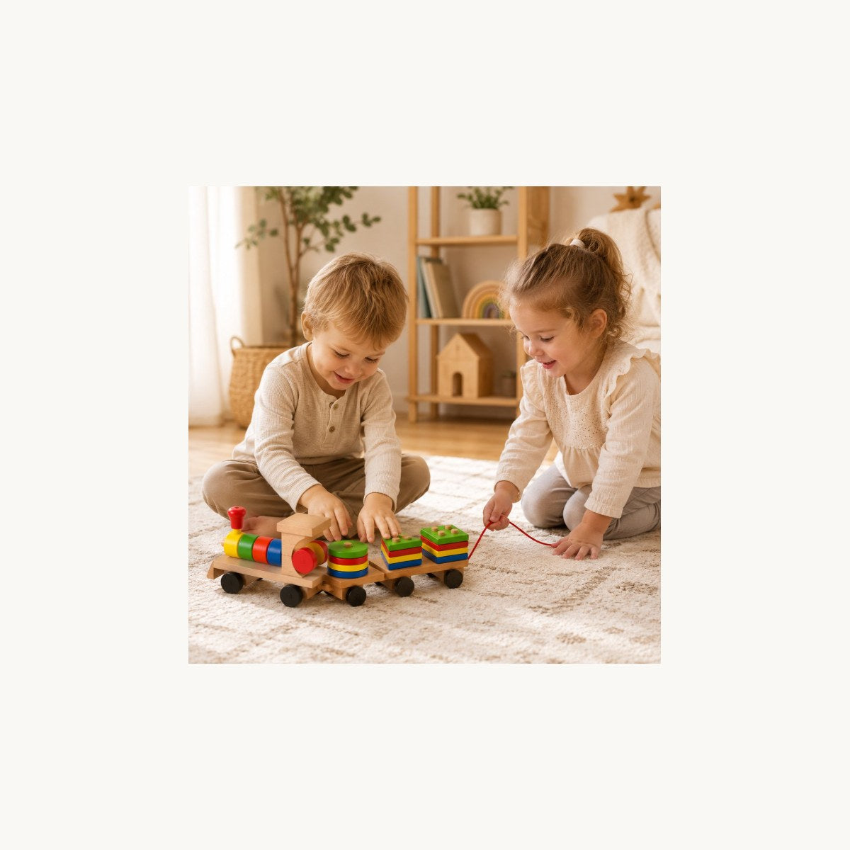 Kinderen spelen met houten trein