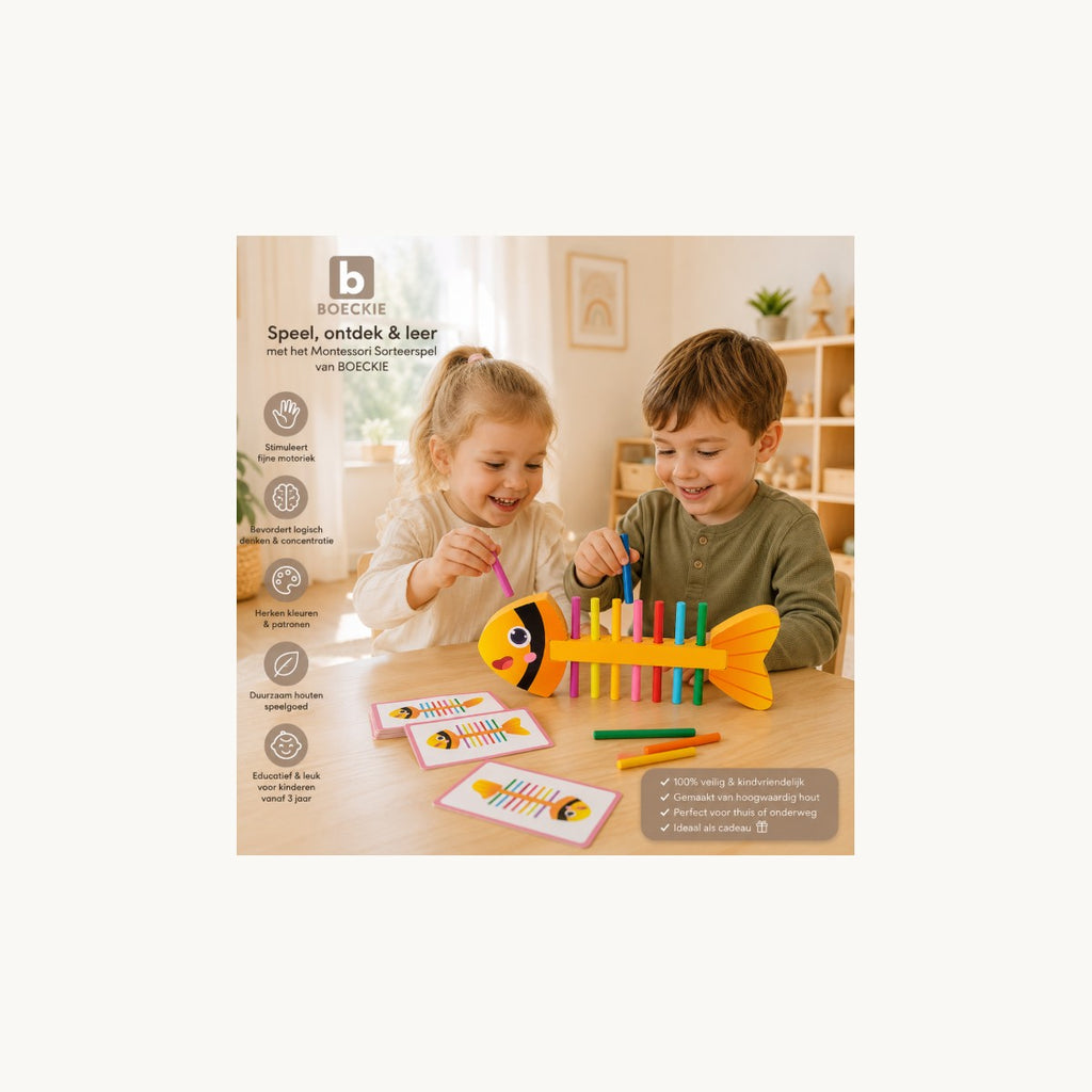 Kinderen spelen met houten Montessori Sorteerspel