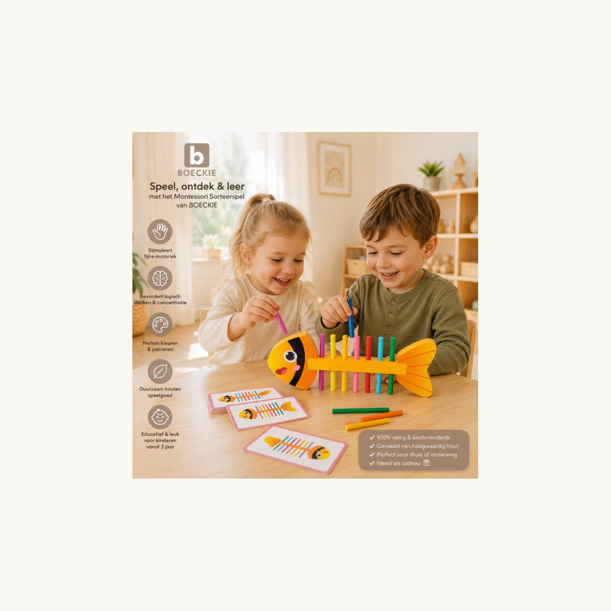 Kinderen spelen met houten Montessori Sorteerspel