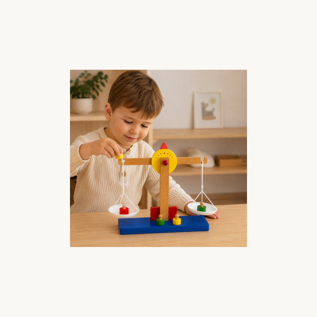 Kind speelt met houten weegschaal